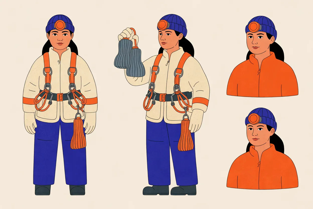 The Beacon Climber character sheet on a warm cream background: a full-body front view, standing straight with her gloved hands at her sides, and a full-body view turned slightly to one side, holding up two grey wool socks by an orange loop. In both she wears an indigo knit cap with an orange headlamp, a cream work jacket with orange bands on the sleeves, an orange climbing harness with steel clips and an orange ribbed pouch clipped at the hip, cream gloves, indigo trousers and dark boots. On the right are two head-and-shoulders close-ups in the same cap and headlamp and an orange zip jacket, both calm and closed-mouthed with nearly the same expression.
