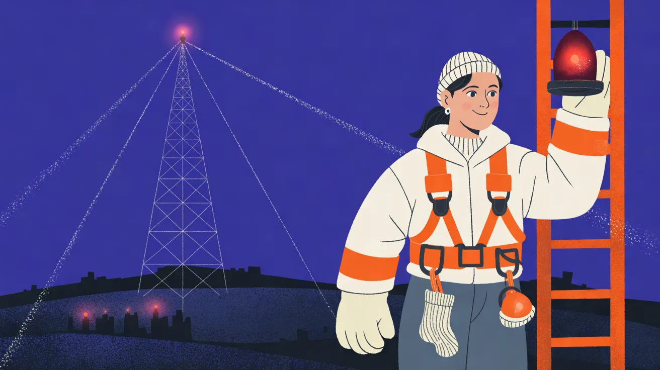 The Beacon Climber, a young woman with black hair in a low ponytail, wearing a cream knit cap, a cream padded work jacket with signal-orange bands on the sleeves, an orange climbing harness, cream work gloves and slate-blue trousers, stands at the right beside an orange ladder and reaches up to a glowing red glass lamp, with a cream wool sock and a round orange lamp clipped to her harness. To the left a white lattice radio mast with a glowing light at its tip stands on a dark hill behind a dark skyline dotted with small red lights, its guy wires glittering with frost, under a deep indigo night sky.